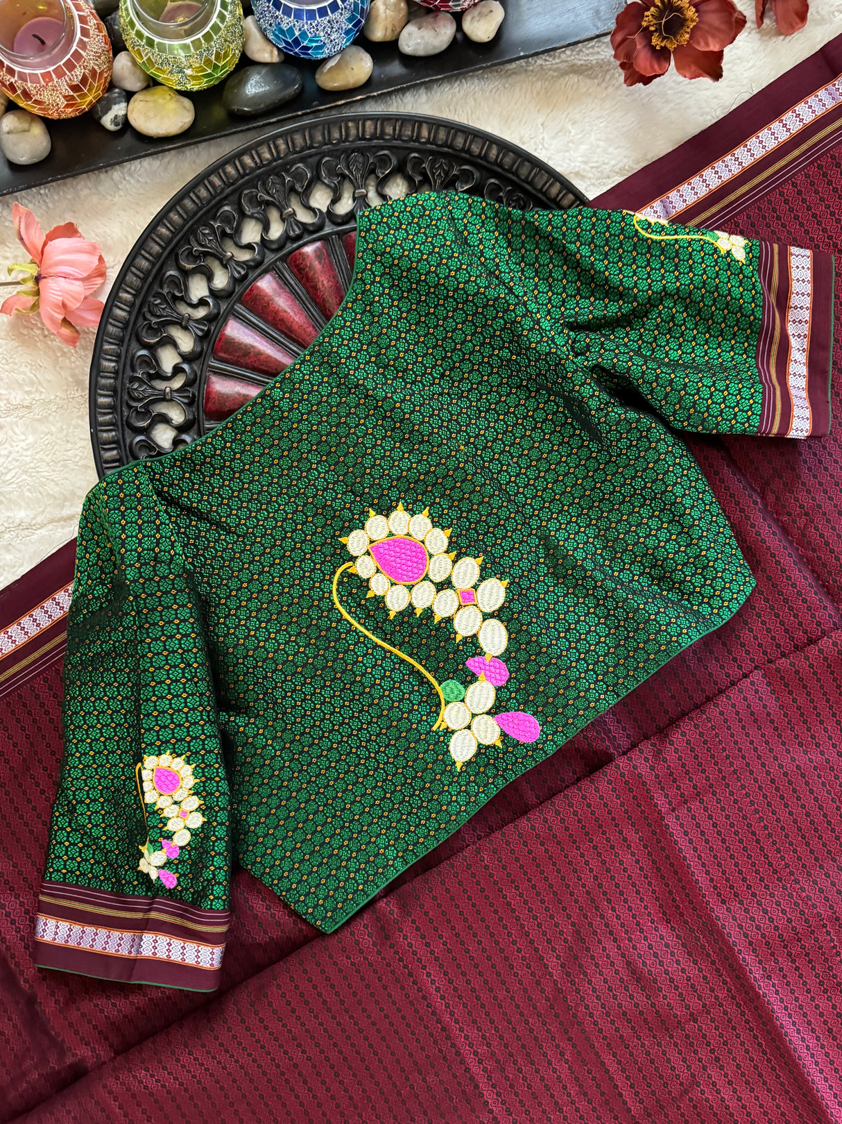 Maroon Green Nath Embroidered Khun Saree Set