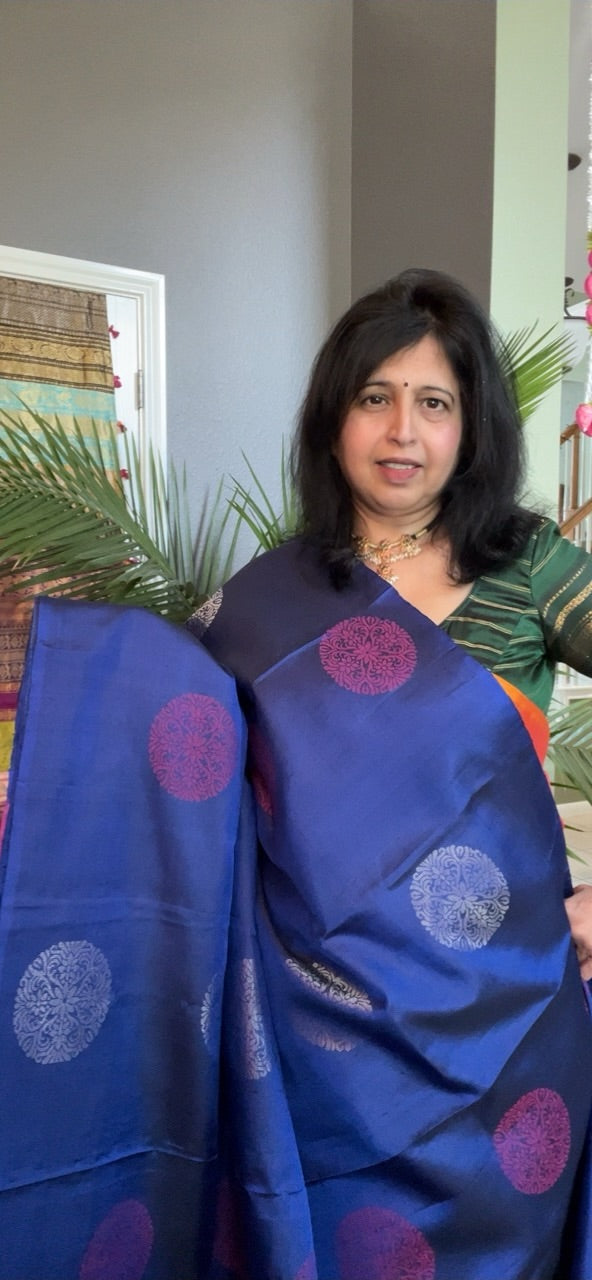 Royal Blue Magenta Kanchi Soft SIlk borderless