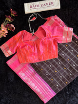 Kuttu Gadwal Handloom Pure Silk Dark Chocolate Pink