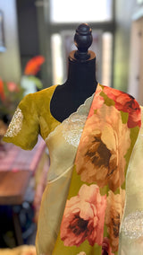 Green Georgette With Organza Border