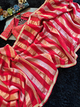 Red Organza abd Tissue Stripes With embroidered Blouse