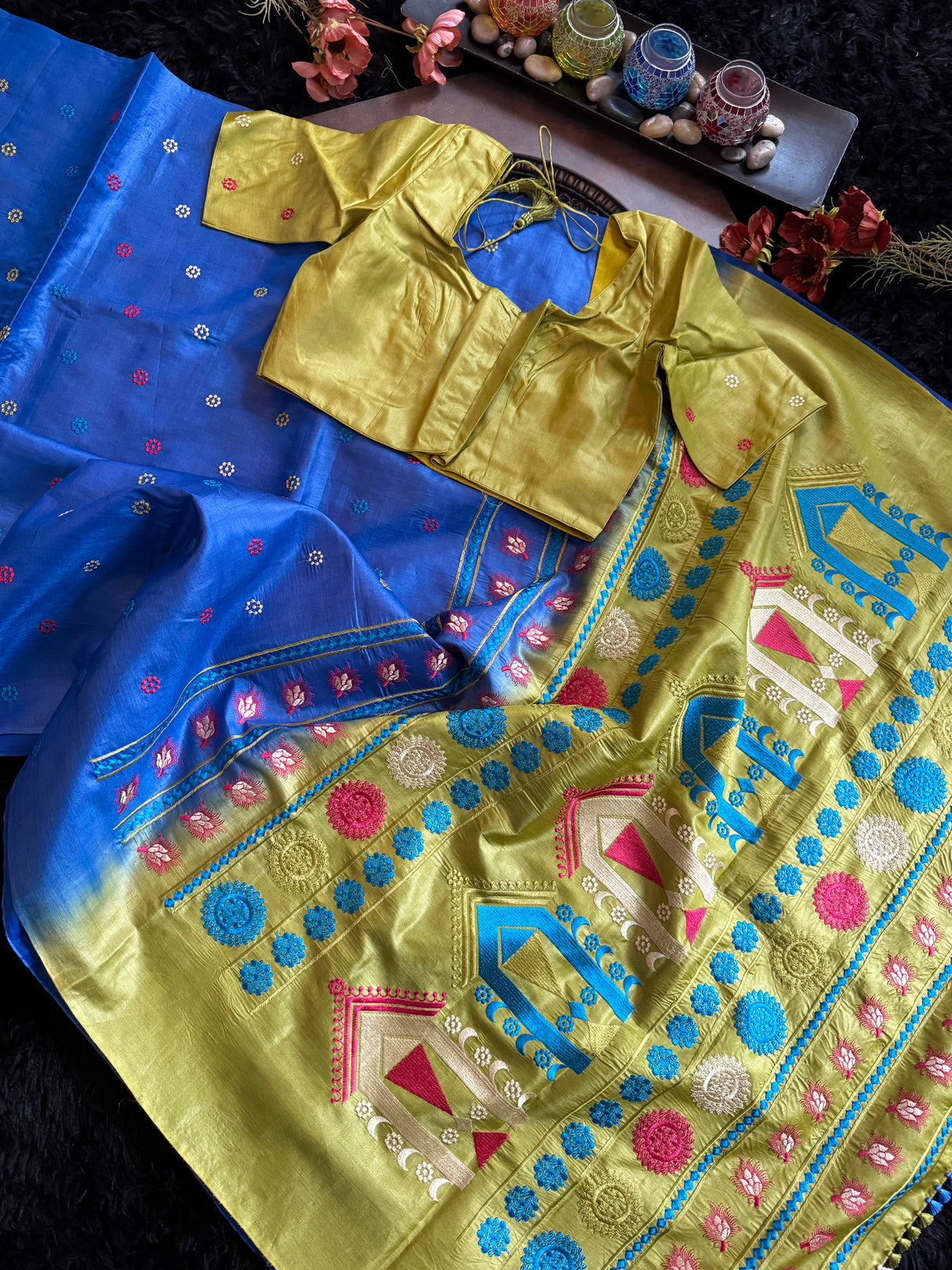 Blue With Green Kosa Tussar Silk With Dolabedi Embroidered Pallu