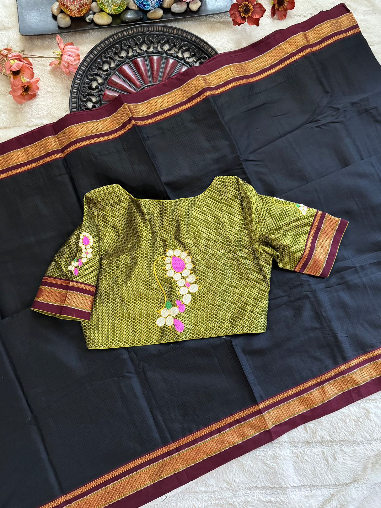 Black Olive Nath Embroidered Khun Saree Set
