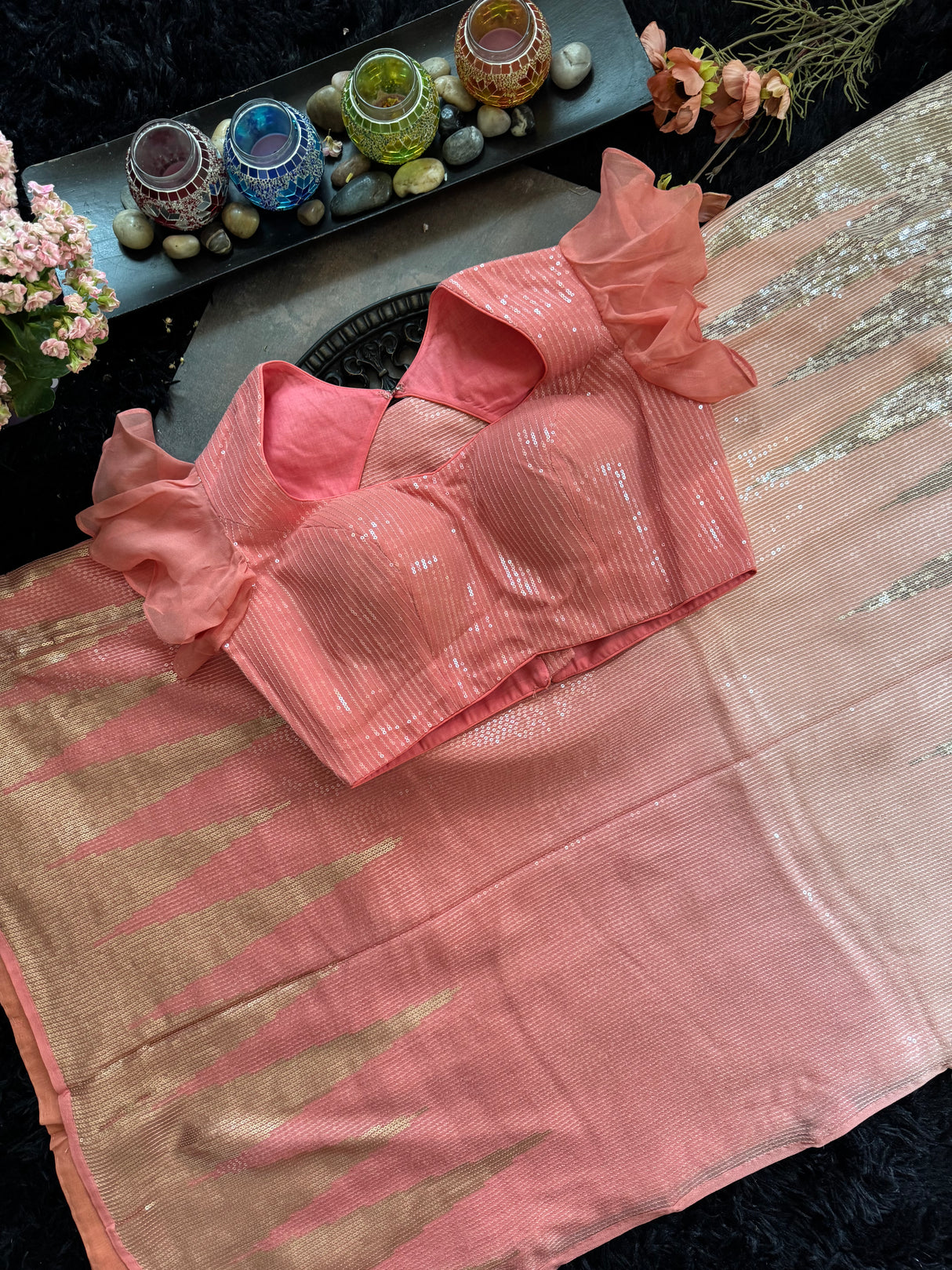 Peach Shaded Sequins Georgette