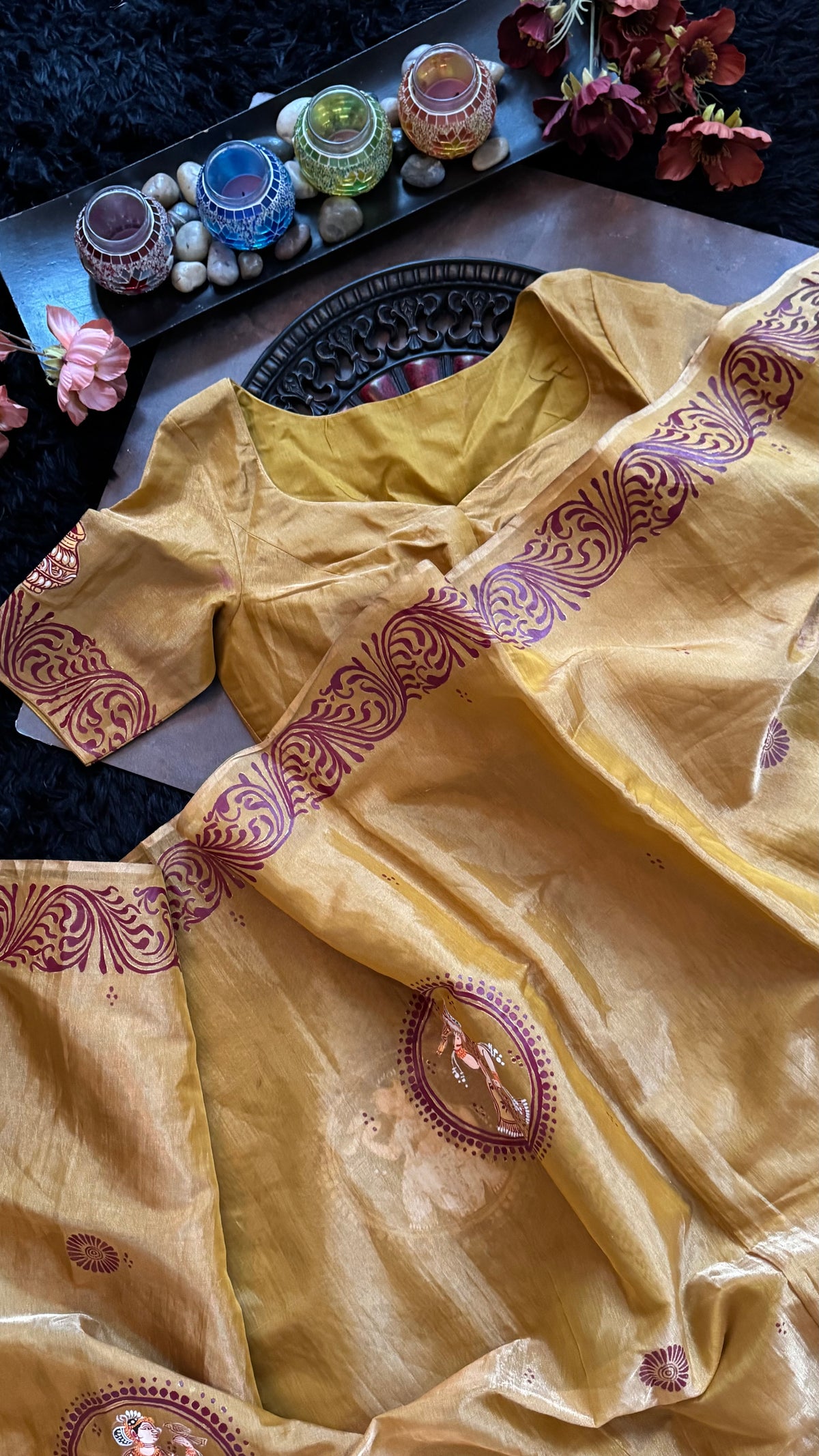 Mustard Gold Tissue saree Patachitra Painting