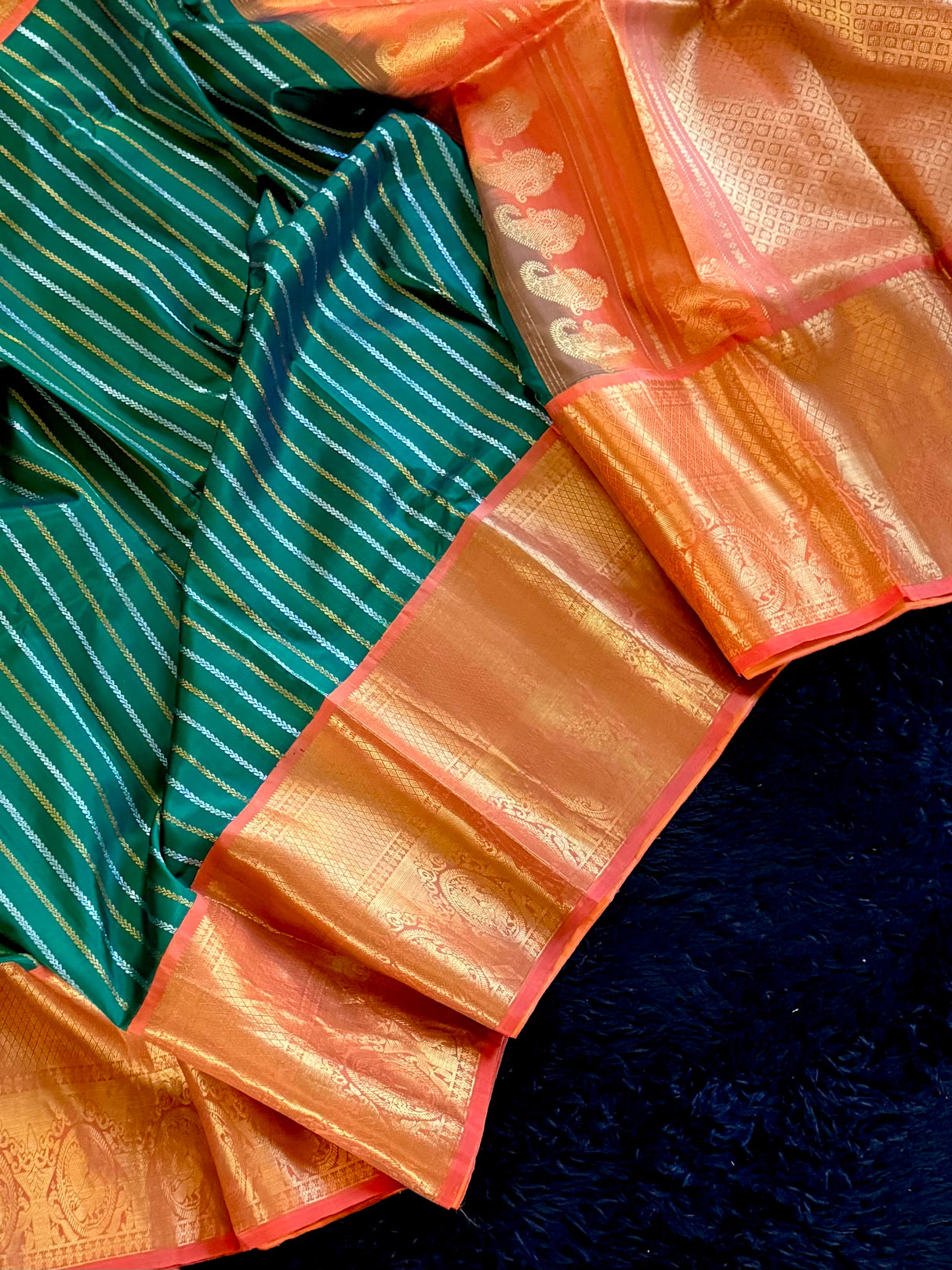 Green Stripes Orange Gadwal Handloom Pure Silk
