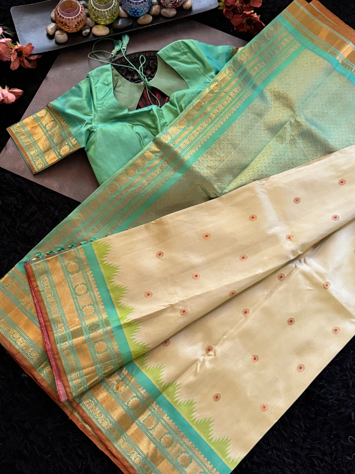 Beige Aqua Gadwal Handloom Pure Silk