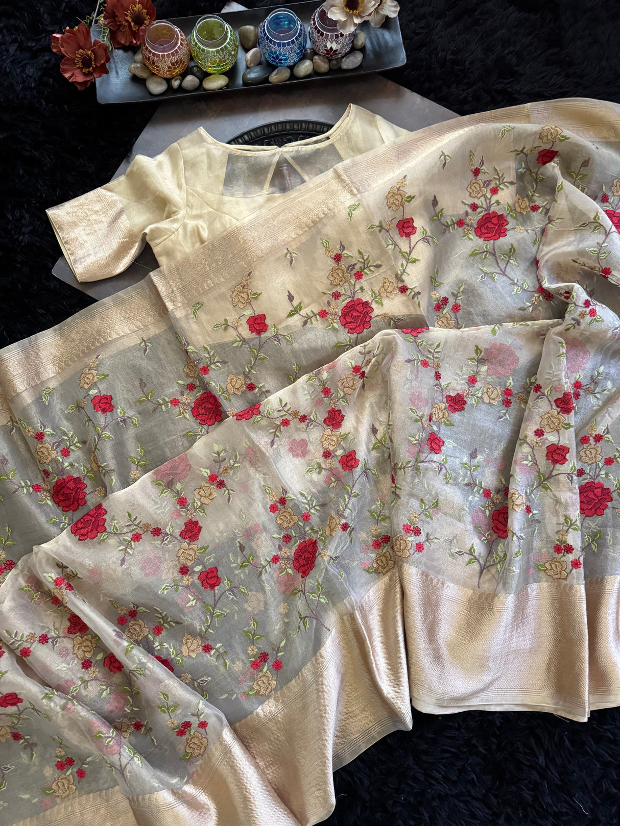 Beige Embroidered Banaras Kora