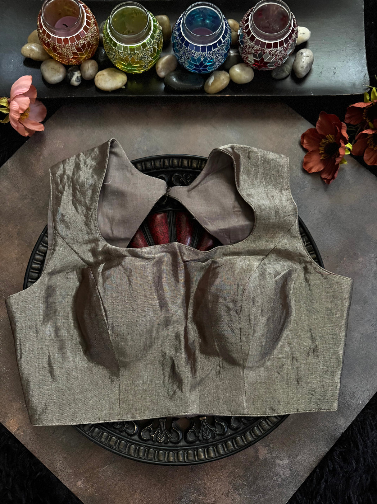 Steel Grey Closed Shoulder Sleeveless Blouse 36