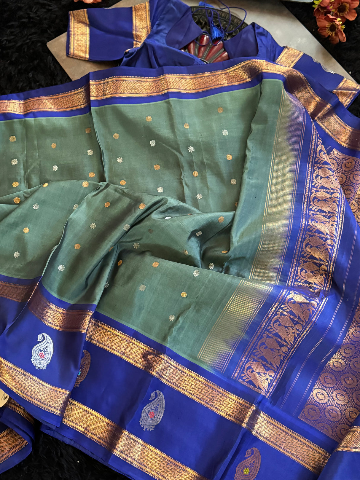 Sage Green Dark Blue Gadwal Handloom Pure Silk