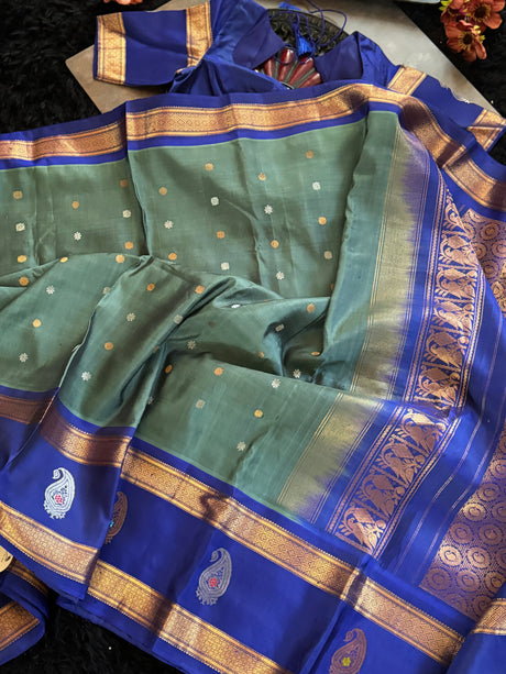 Sage Green Dark Blue Gadwal Handloom Pure Silk