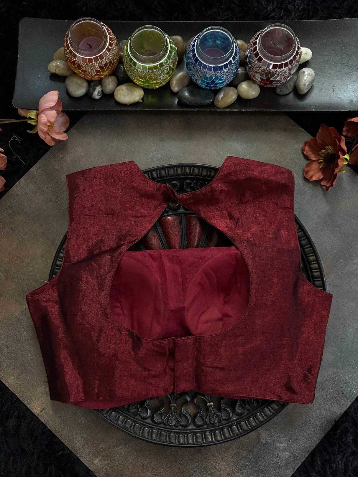 Maroon Tissue Closed Shoulder Sleeveless Blouse 36