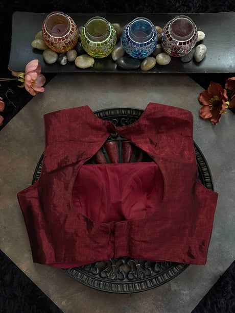 Maroon Tissue Closed Shoulder Sleeveless Blouse 36