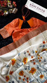 Rust Orange Hand Painted Tussar Silk