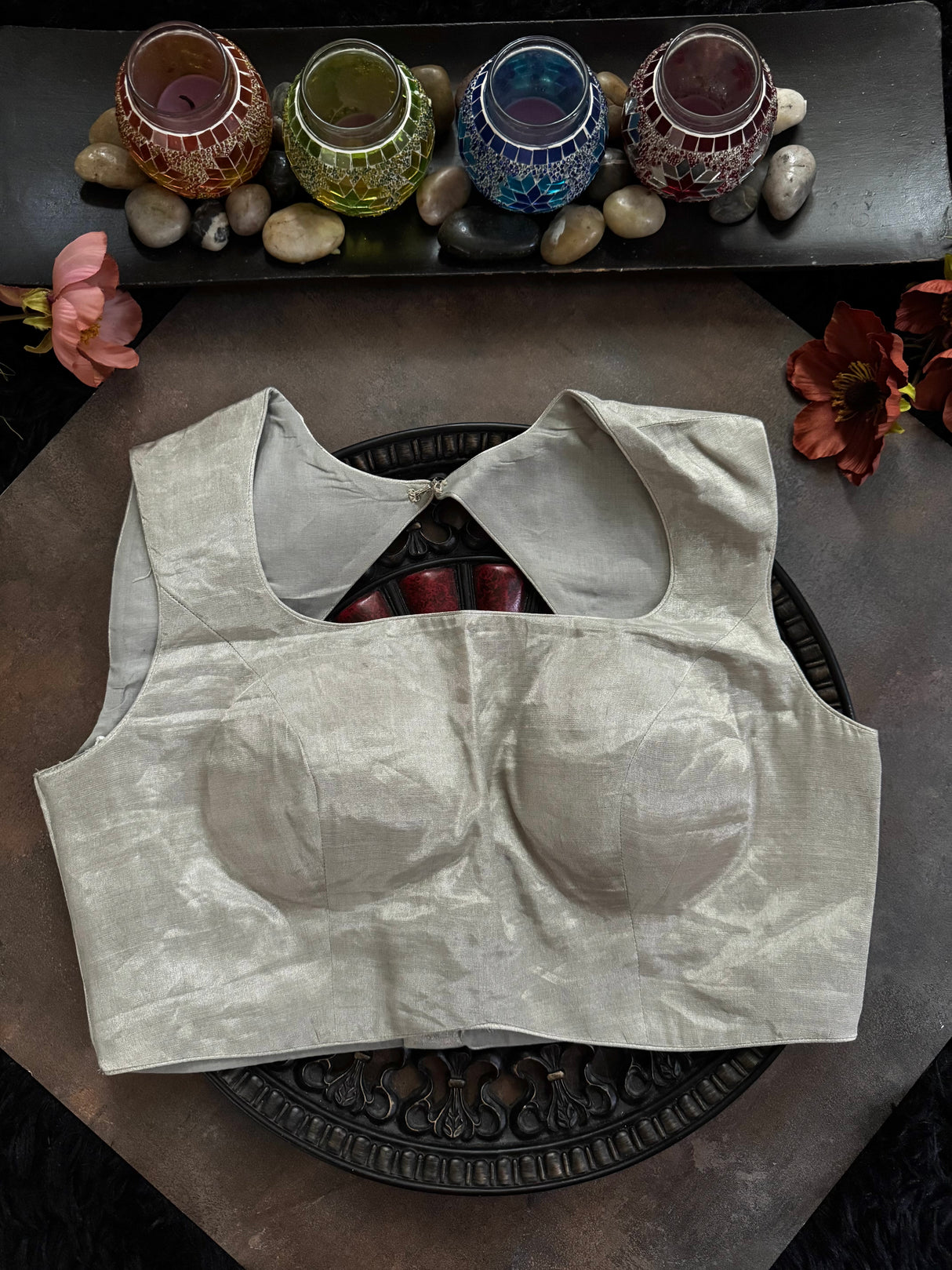 Silver Tissue Closed Shoulder Sleeveless Blouse 36