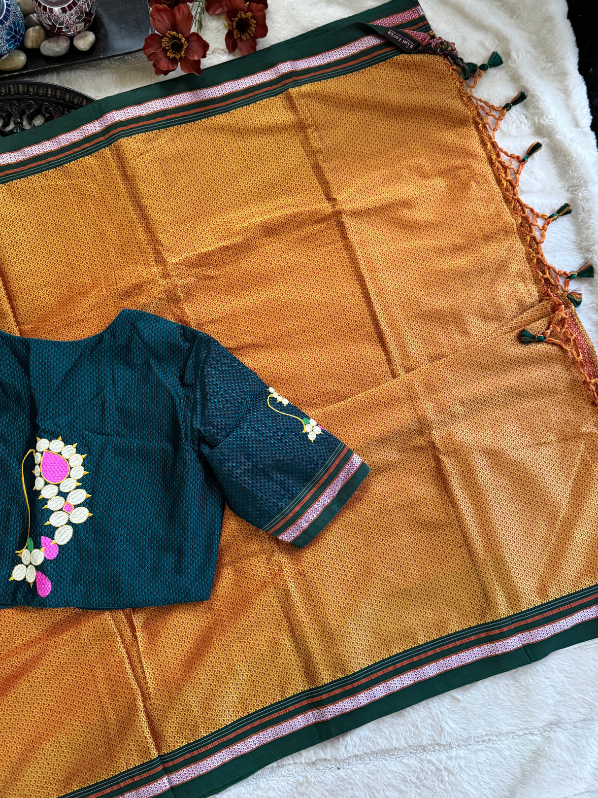 Mustard Yellow Peacock Green Nath Embroidered Khun Saree Set