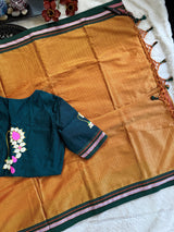 Mustard Yellow Peacock Green Nath Embroidered Khun Saree Set