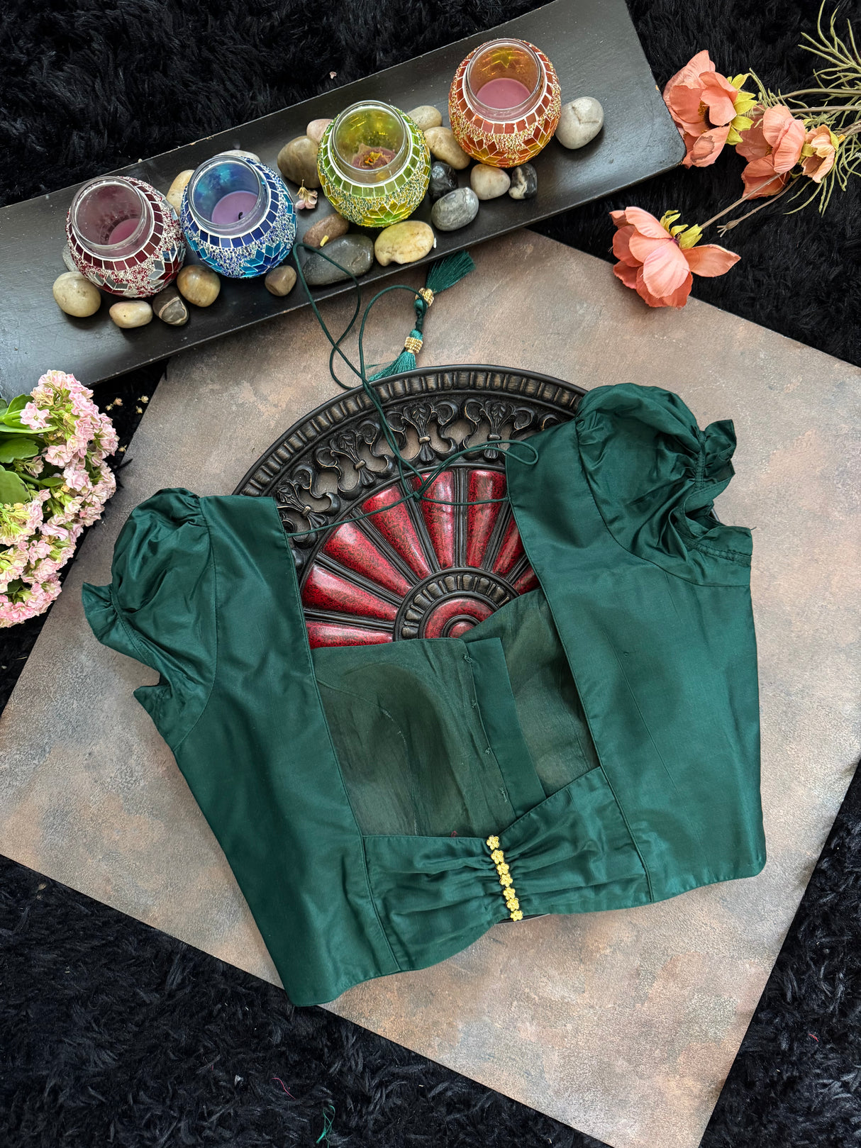 Bottle Green Puff Sleeve Blouse 36