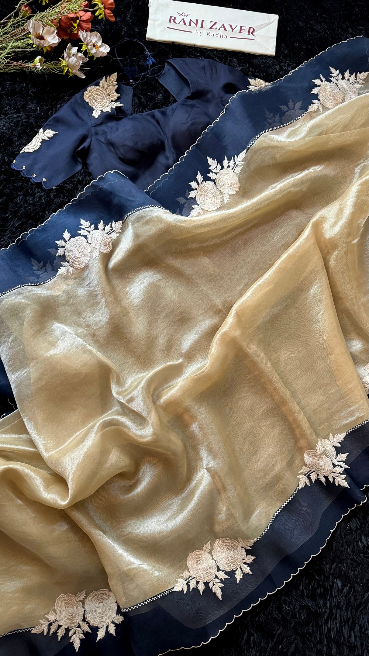 Navy Blue and Gold Combo Kora Organza