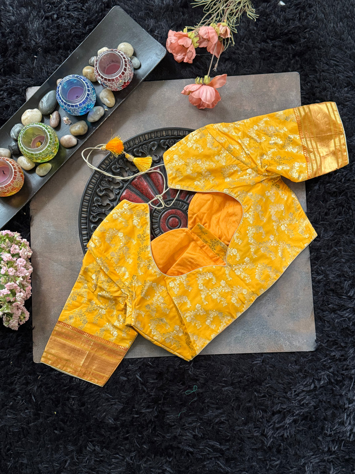 Yellow Jaal Brocade With Narali Style Gold Zari Border 38