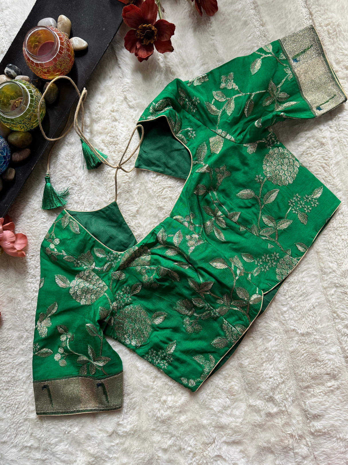 Green embroidered Silk Blouse 38