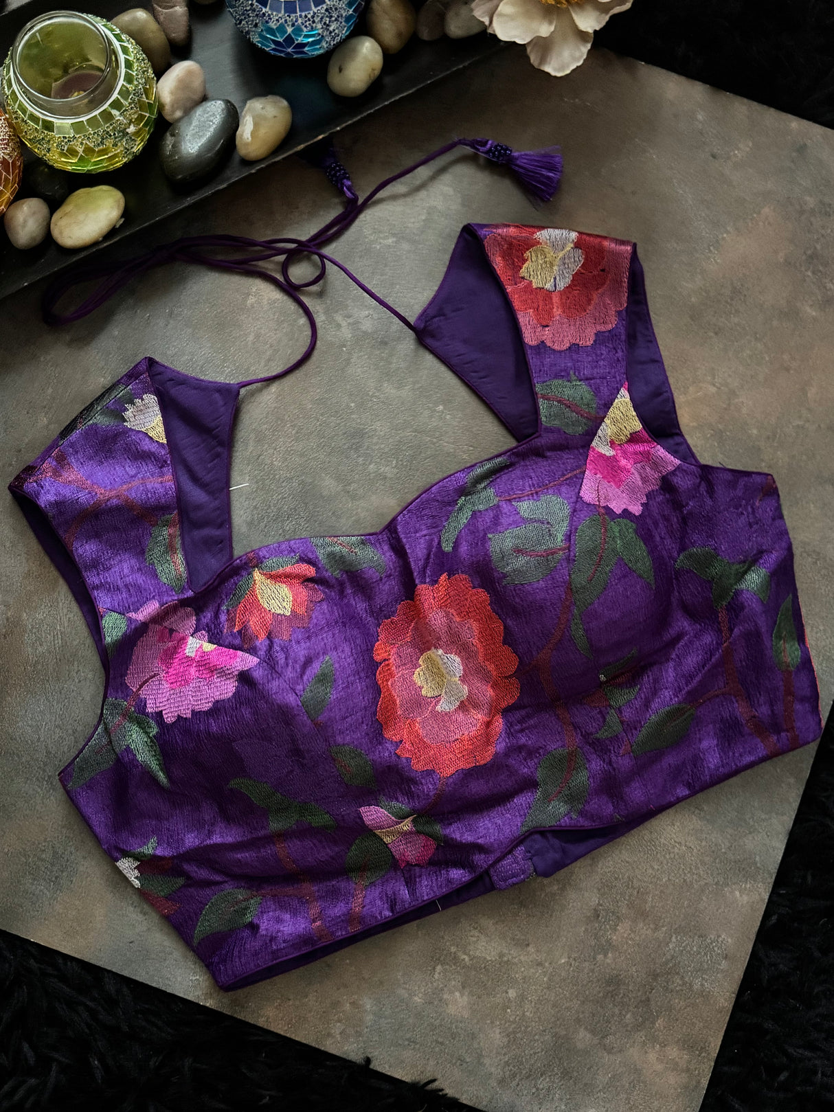 Purple Closed Shoulder Floral Embroidered