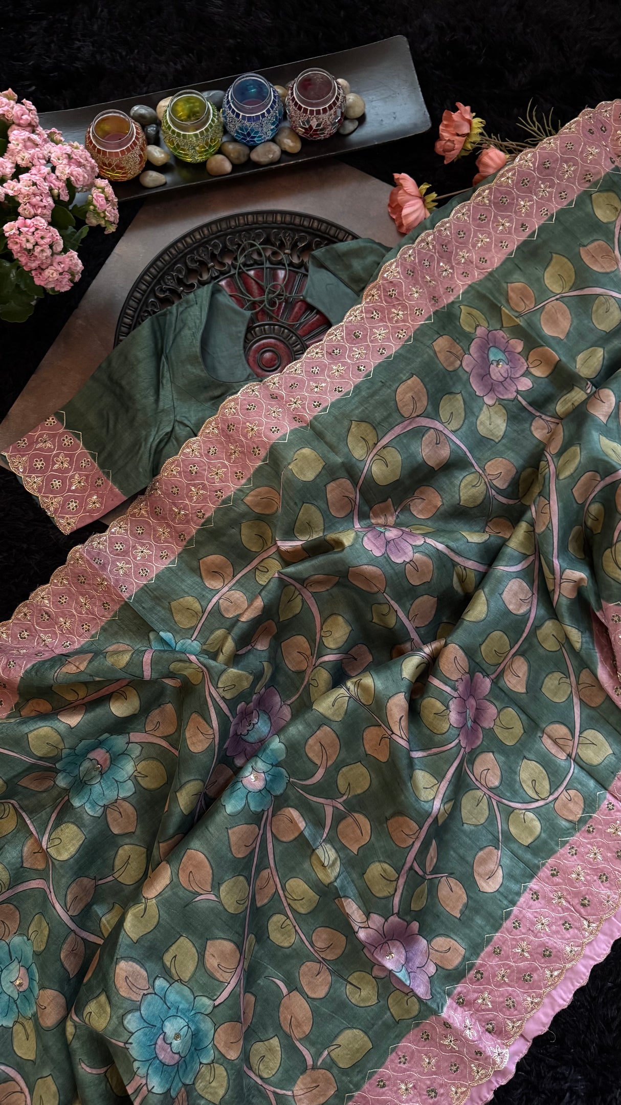 Green Tussar Silk Hand Painted