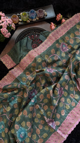 Green Tussar Silk Hand Painted