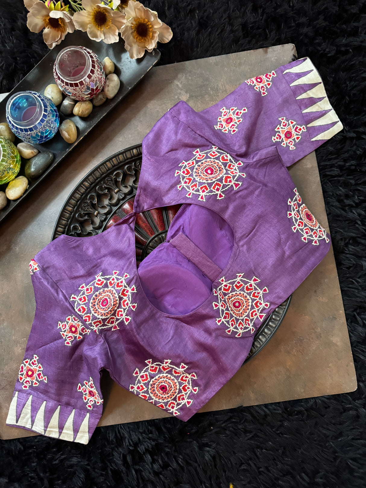 White Purple Kutch Work Tussar Silk
