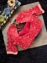 Red Organza abd Tissue Stripes With embroidered Blouse