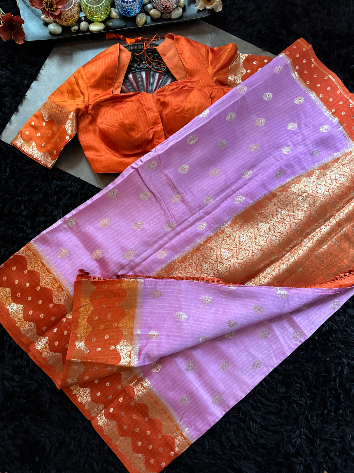 Lavender Orange Banaras Raw Mango Silk