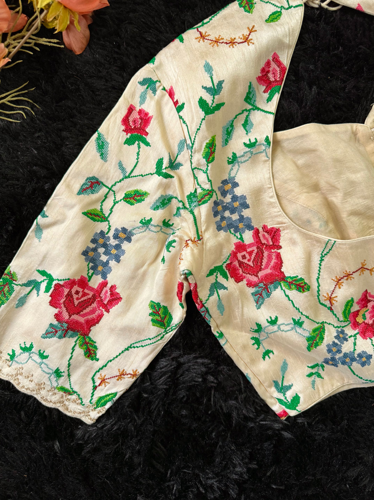 Cream Cross Stitch Floral Embroidered Blouse 38
