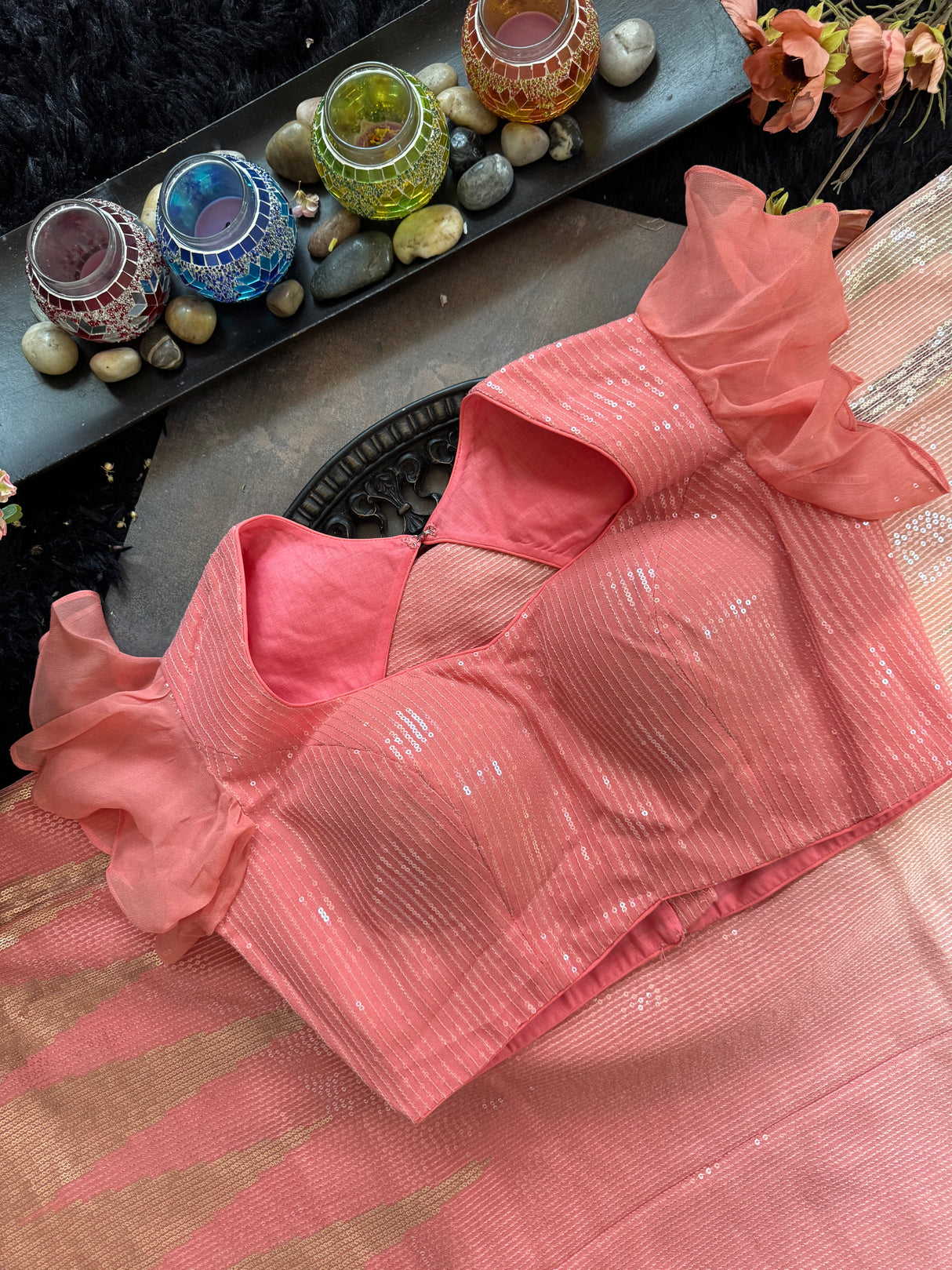 Peach Shaded Sequins Georgette