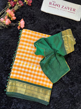 Yellow Checks Green Combo Silk Cotton Kanchipuram