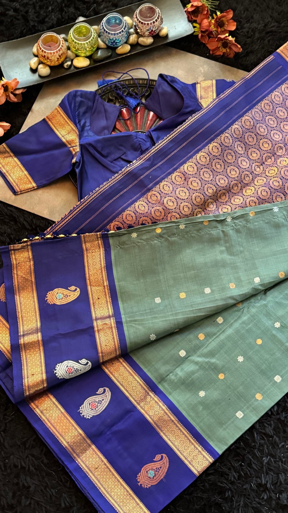 Sage Green Dark Blue Gadwal Handloom Pure Silk