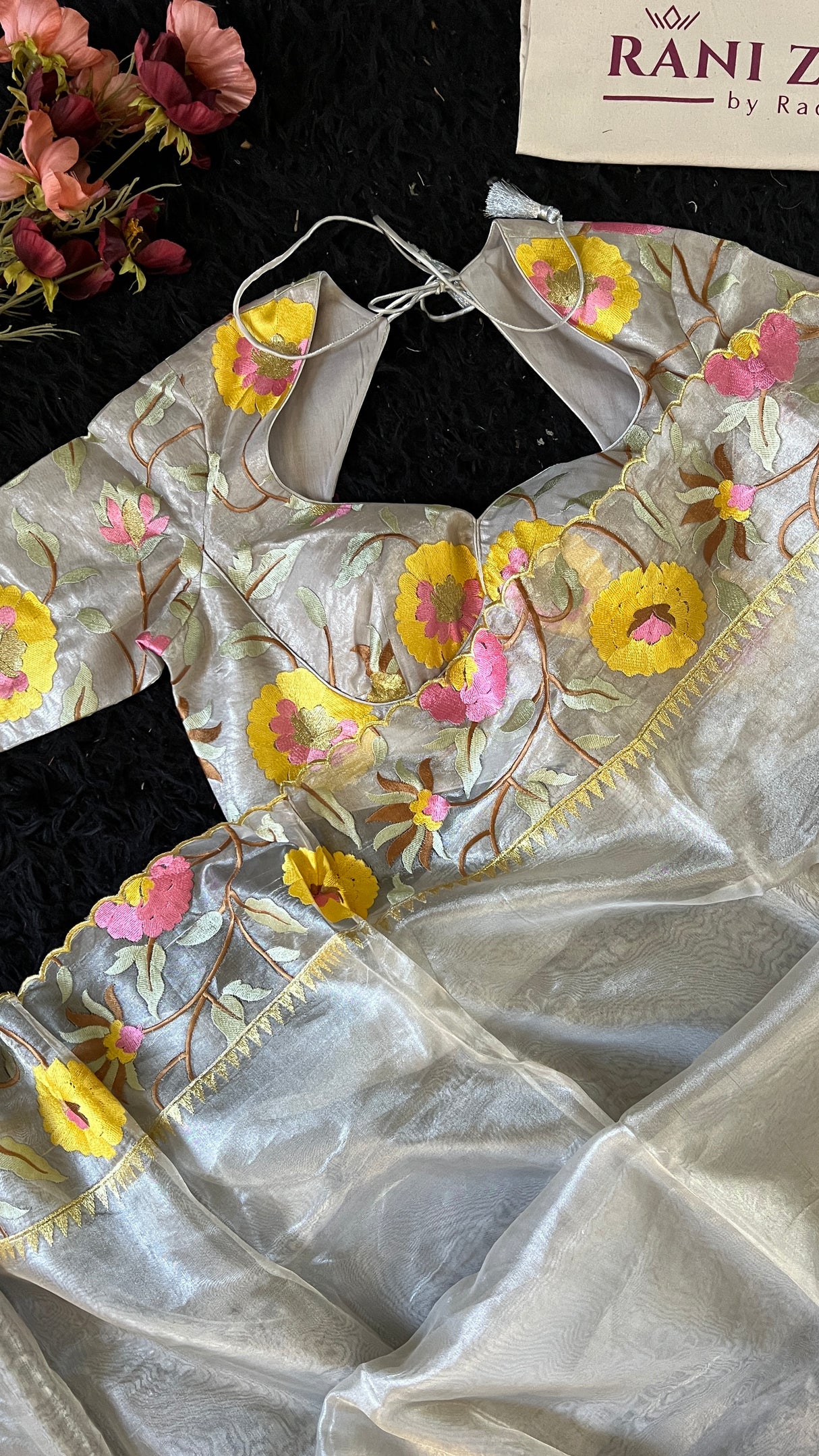 Silver Floral Border Organza