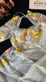 Silver Floral Border Organza