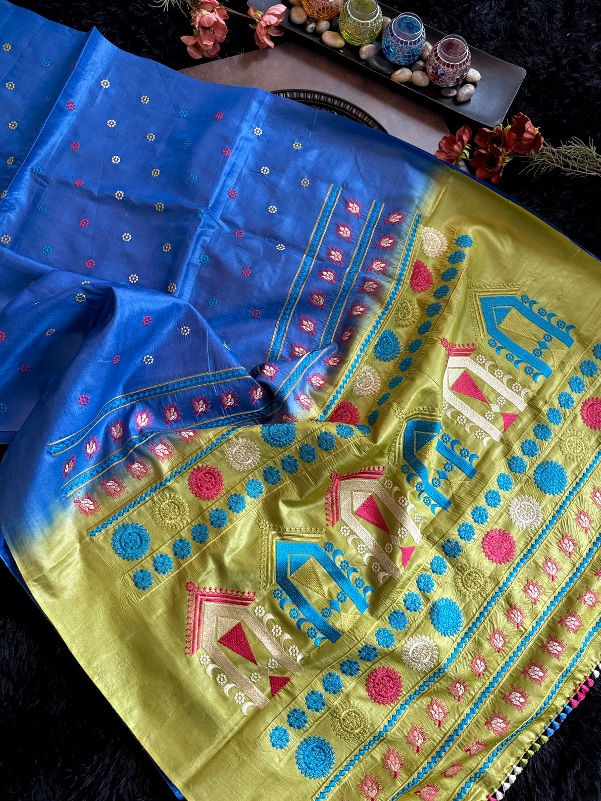 Blue With Green Kosa Tussar Silk With Dolabedi Embroidered Pallu
