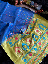 Blue With Green Kosa Tussar Silk With Dolabedi Embroidered Pallu