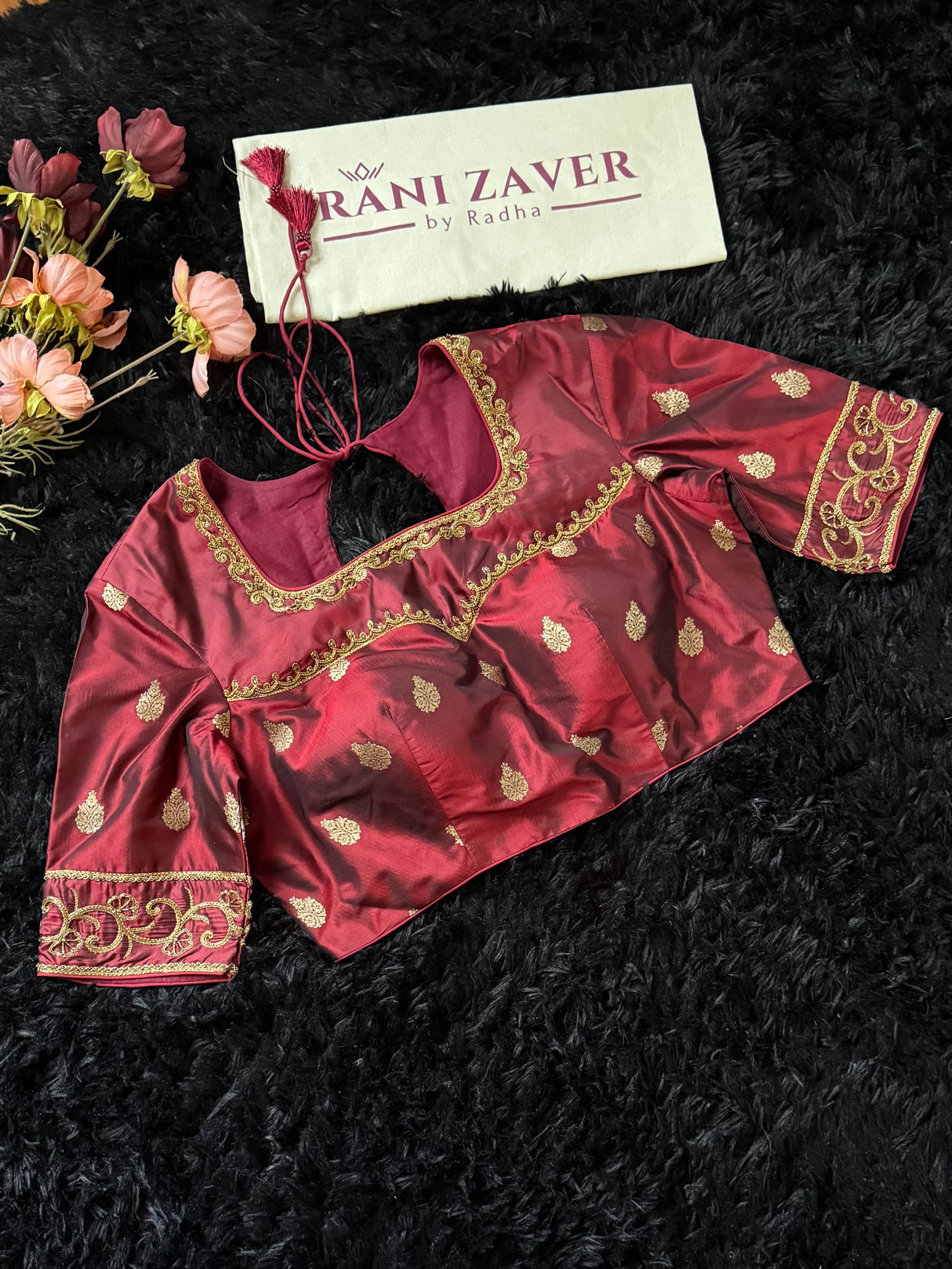 Maroon Silk Blouse Gold embroidered 38