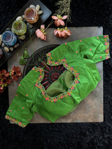 Parrot Green Blue Silk Embroidered Blouse 38