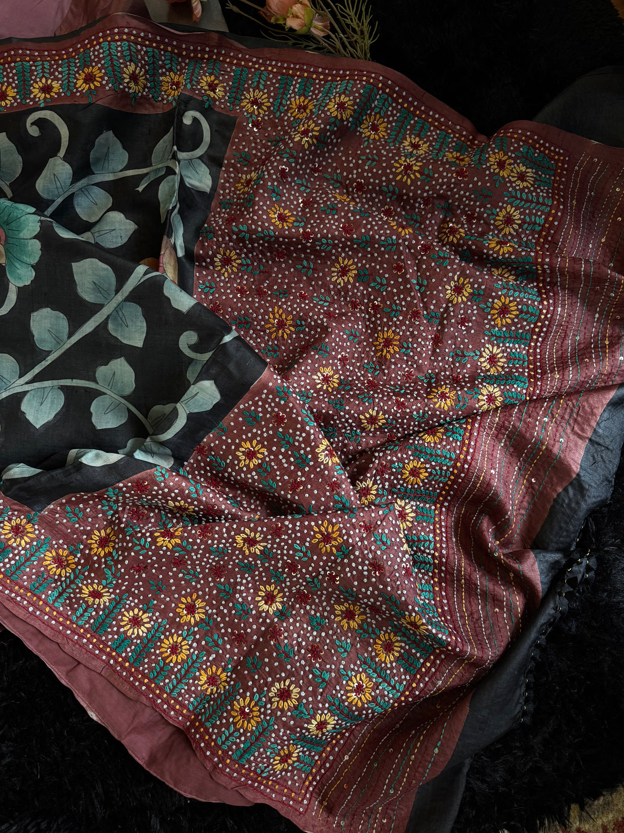 Black Tussar Silk Hand Painted
