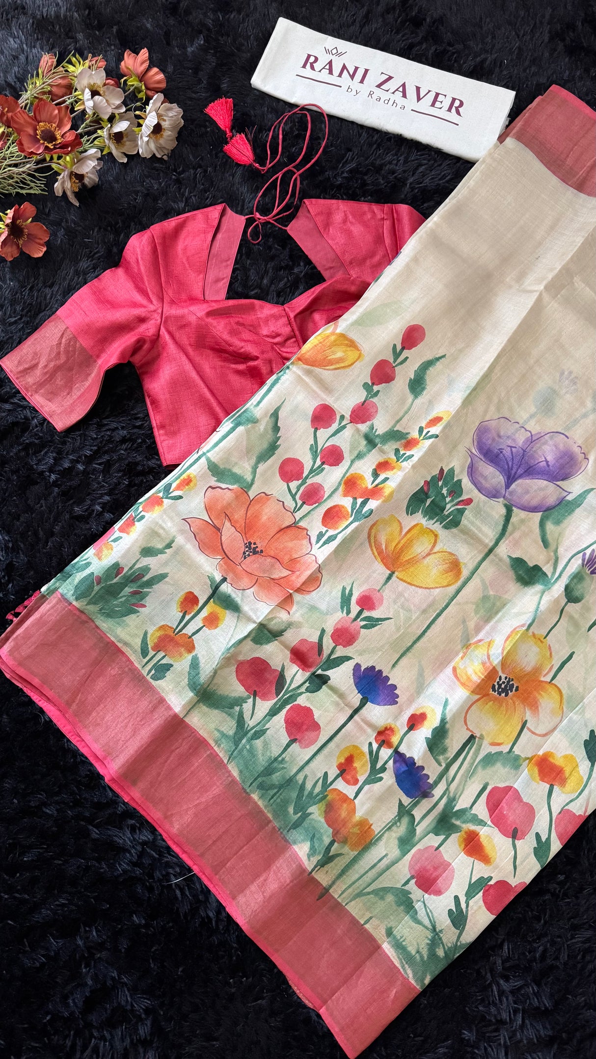 Red Hand Painted Tussar Silk