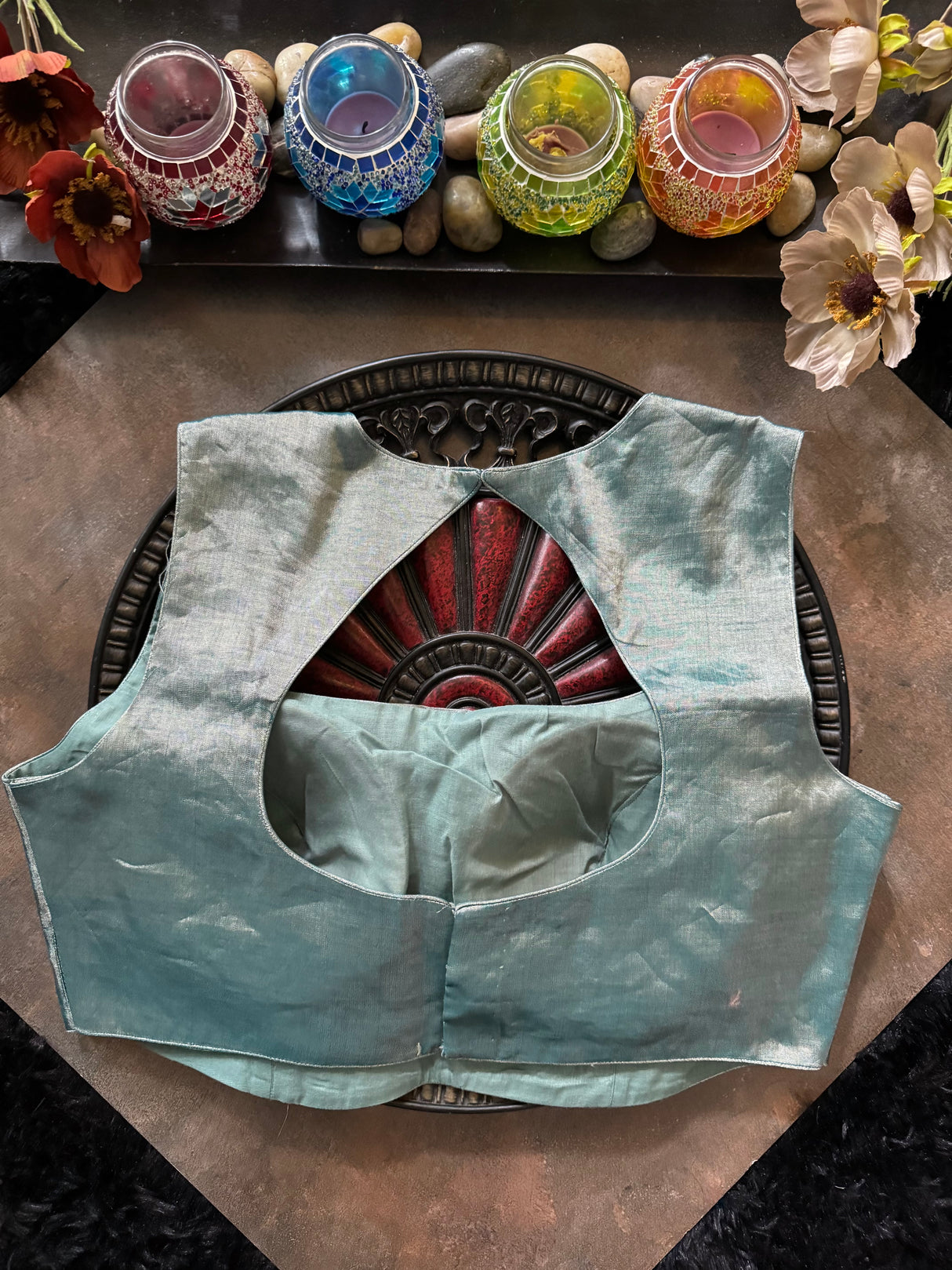 Powder Blue Tissue Closed Shoulder Sleeveless Blouse 38