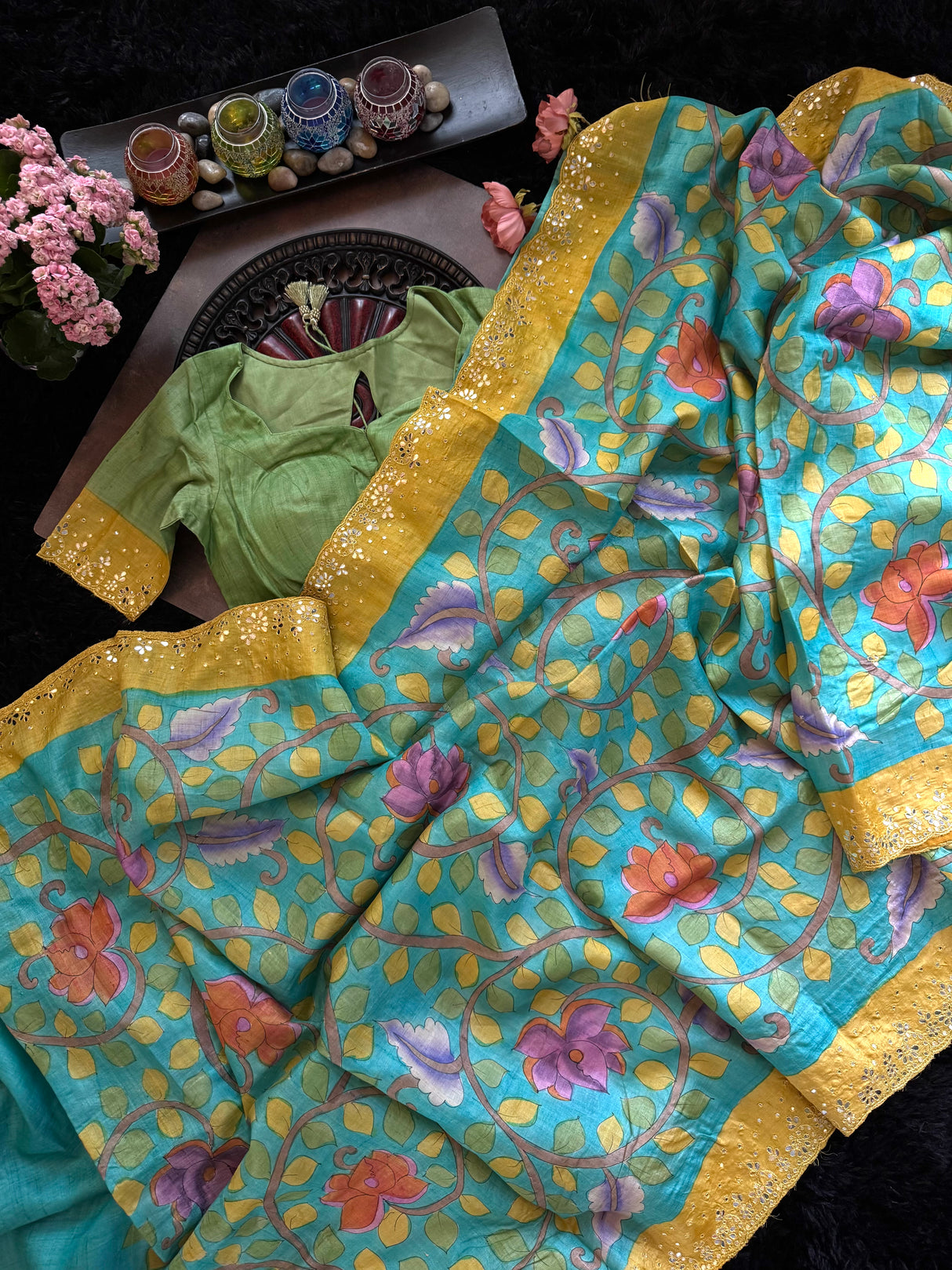 Turquoise Tussar Silk Hand Painted Kalamkari