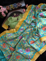 Turquoise Tussar Silk Hand Painted Kalamkari