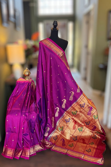 Purple Magenta Dual shade Yeola Paithani Narali Border Handloom Pure Silk