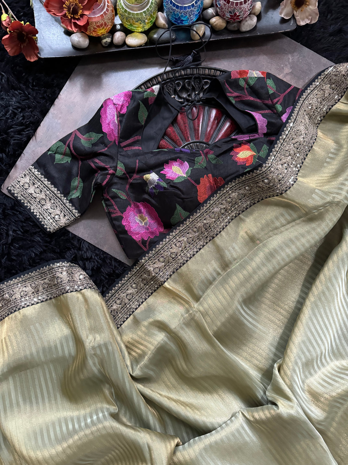 Black Mint Green Shimmer Tissue Crepe