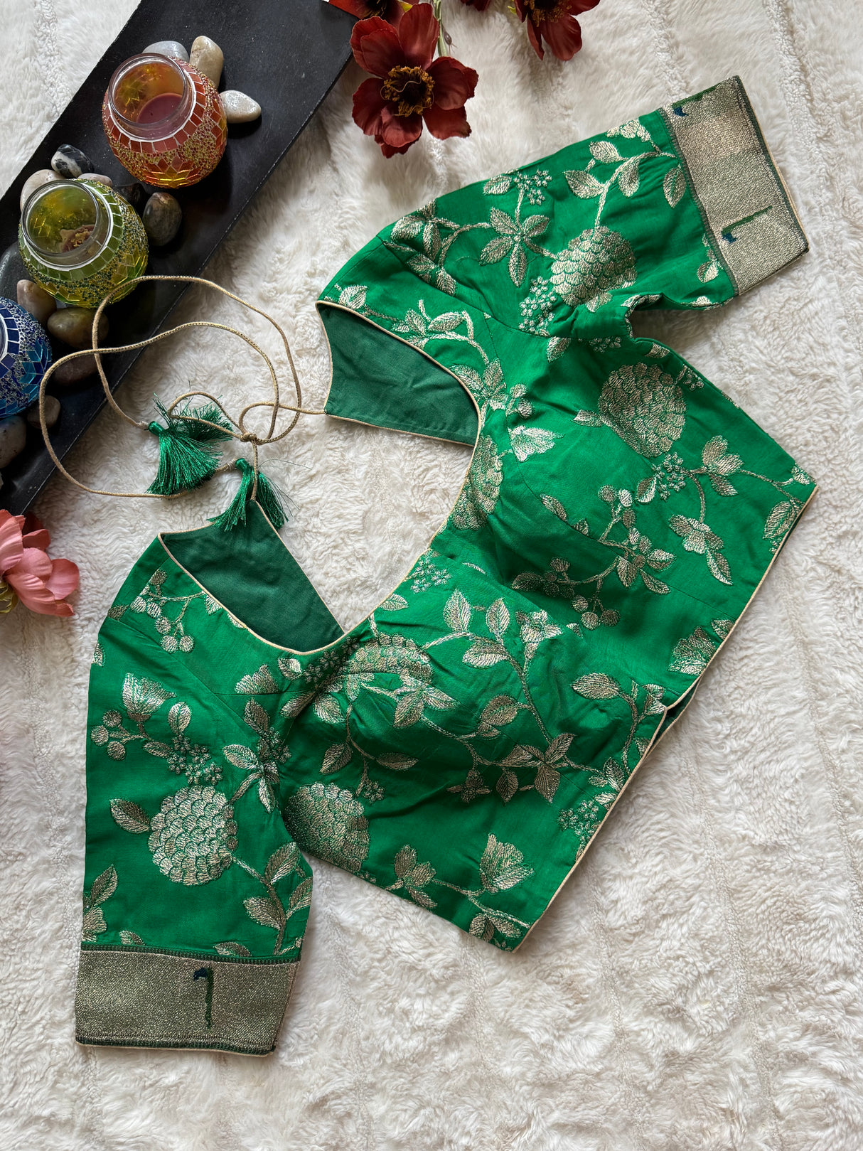 Green embroidered Silk Blouse 36