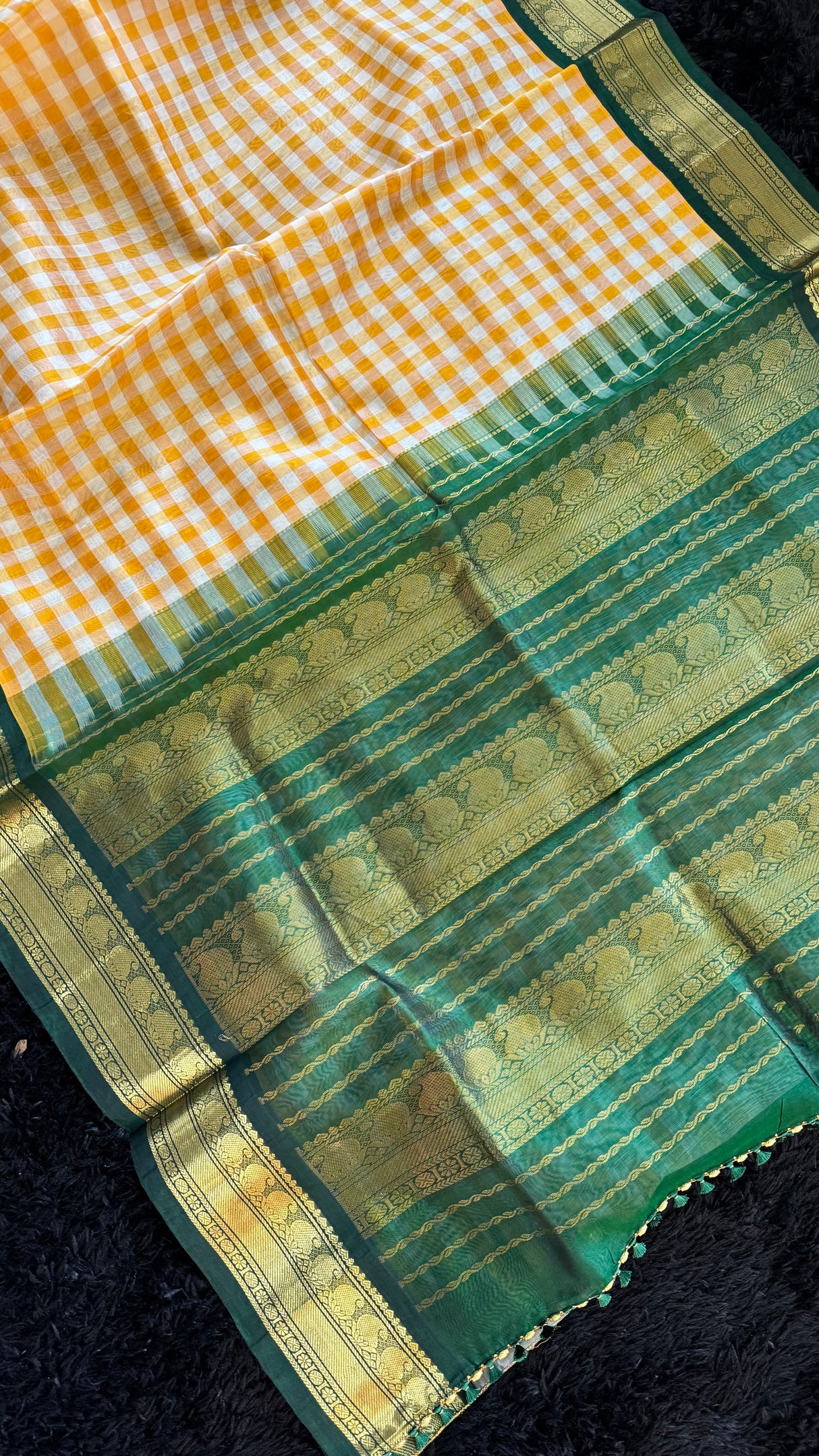 Yellow Checks Green Combo Silk Cotton Kanchipuram